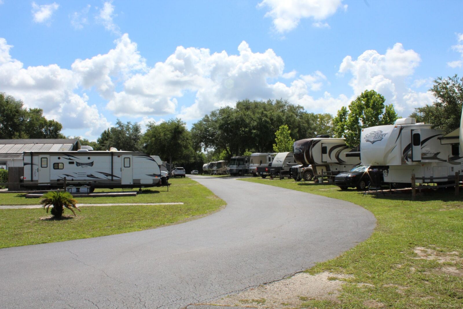 Shaded full hookup RV sites along a paved park road at Quail Roost RV Park