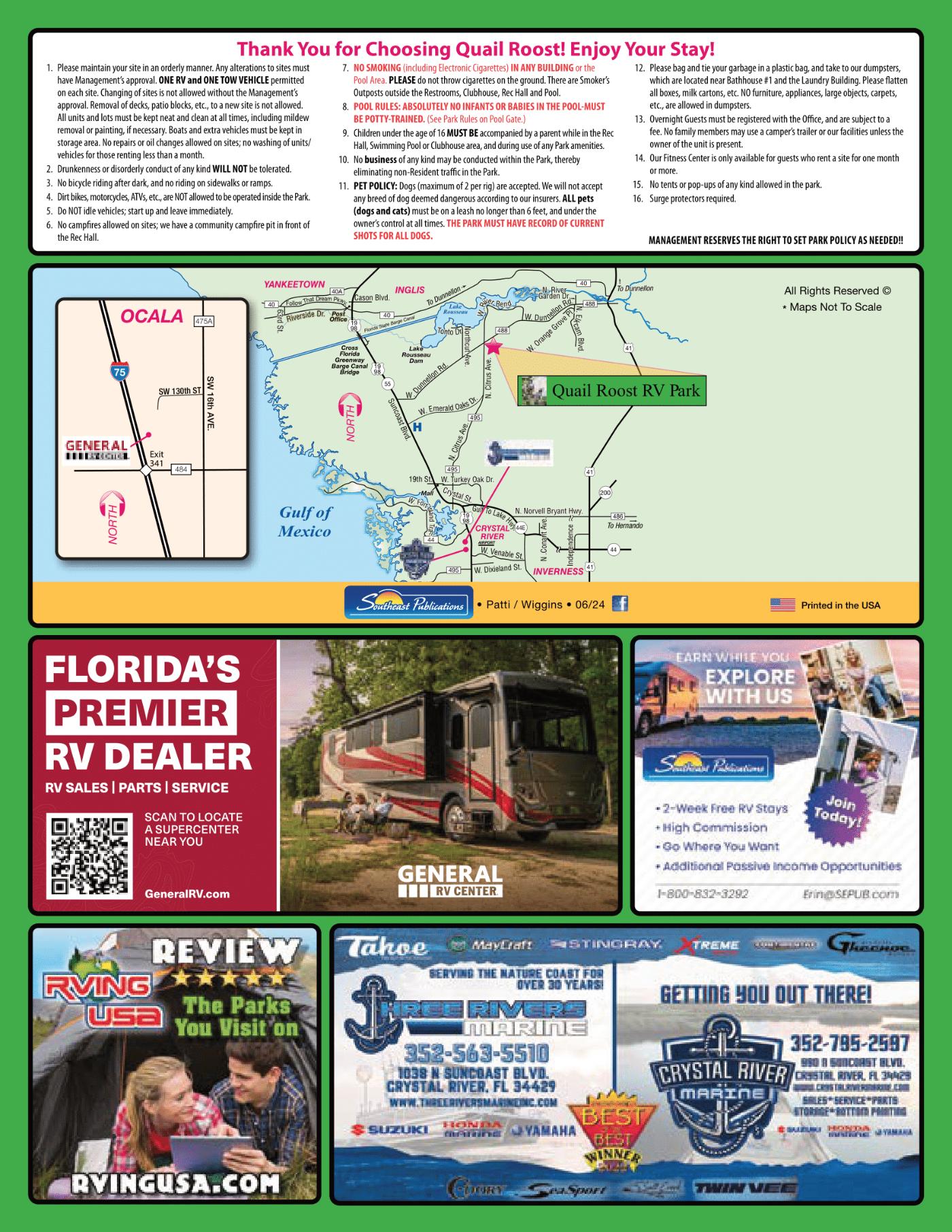 Florida RV directory page with a state map showing where Quail Roost RV Park is
