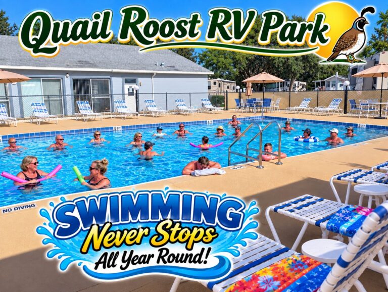 Guests swimming in the heated pool at Quail Roost RV Park