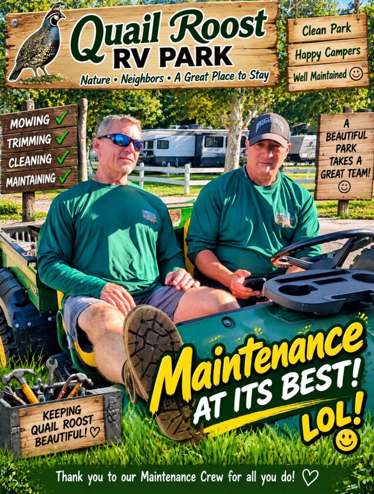 Two members of the Quail Roost RV Park maintenance crew on a riding mower