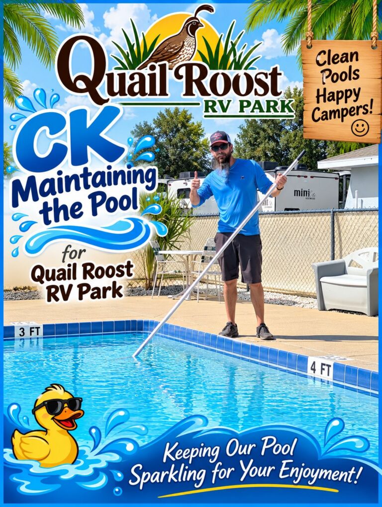 CK cleaning the pool at Quail Roost RV Park with a pool brush