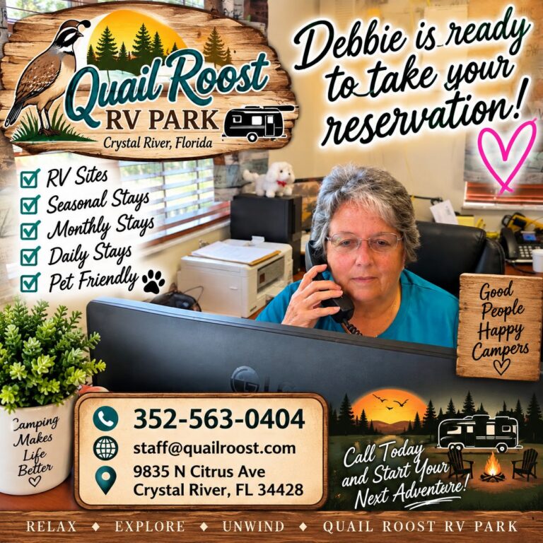 Debbie in the Quail Roost RV Park office, on the phone taking reservations