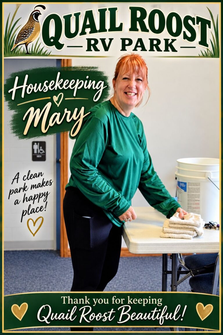 Mary from the Quail Roost RV Park housekeeping team folding towels