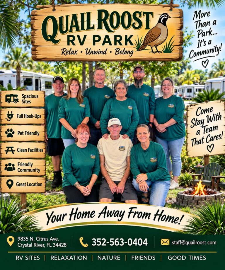 The Quail Roost RV Park staff team in matching green shirts